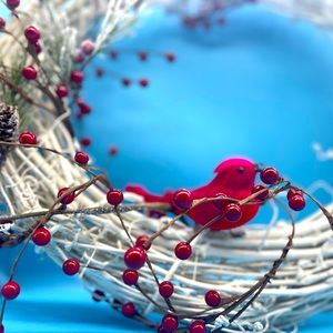 White Wood Wreath w/Berries Garland & Blessings & Good Luck Red Bird. Handmade
